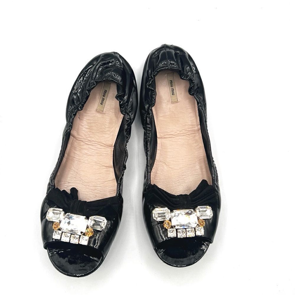 Miu Miu Black Patent Leather Crystal Embellished Ballet Flats, Sz 39 (US 8.5–9)